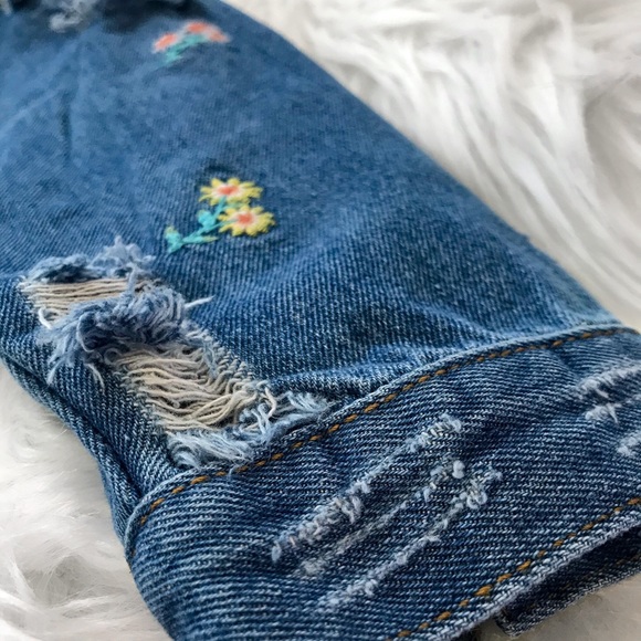 Distressed Denim Jacket Floral Embroidered Detail - Picture 3 of 16